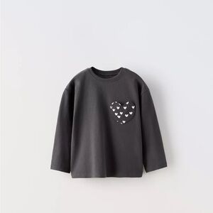 Zara Black Long Sleeve Kids Tee with Heart Patch - Size 4T - 5T